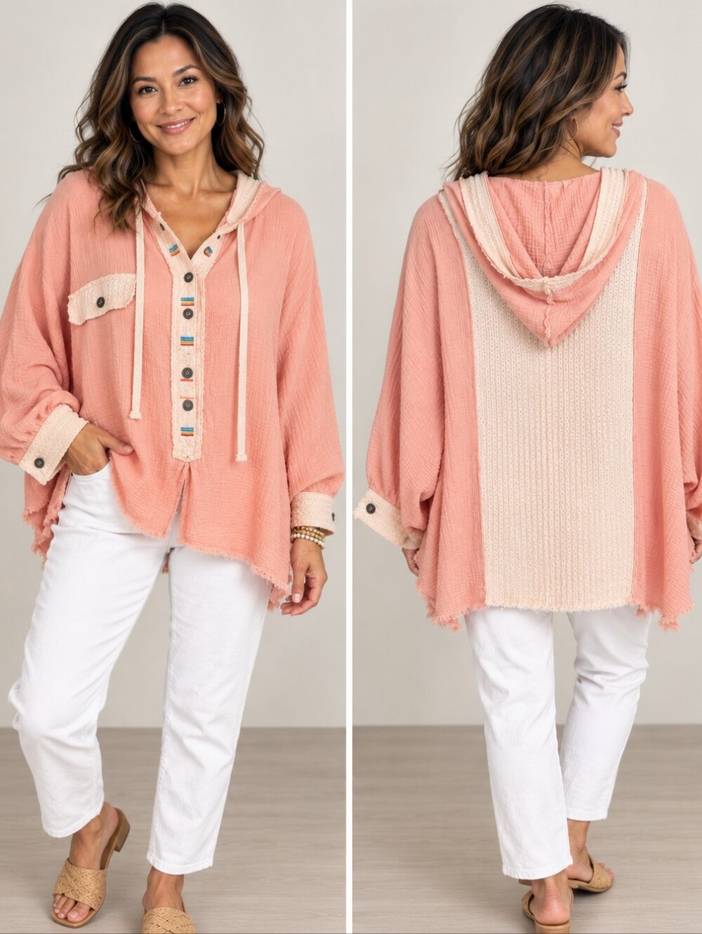 POL Bono Peach Double Gauze Oversized Hooded Boho Top Medium A337